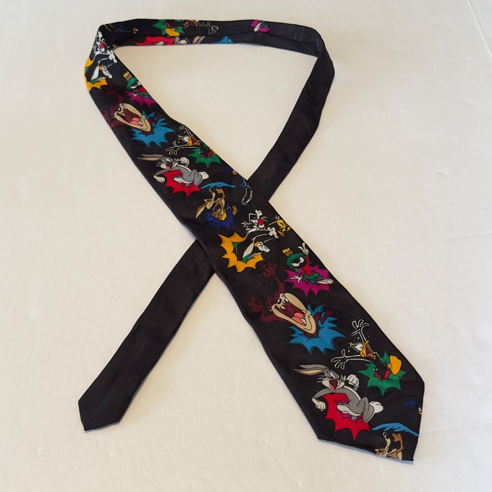 Vintage‎ 1993 Looney Tunes Mania Character Print Black Polyester Necktie 90s WB - Picture 2 of 8